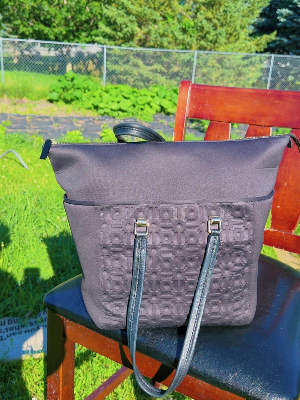 Tory Burch Black Nylon Tote Bag Textured Logo Front Zip Top